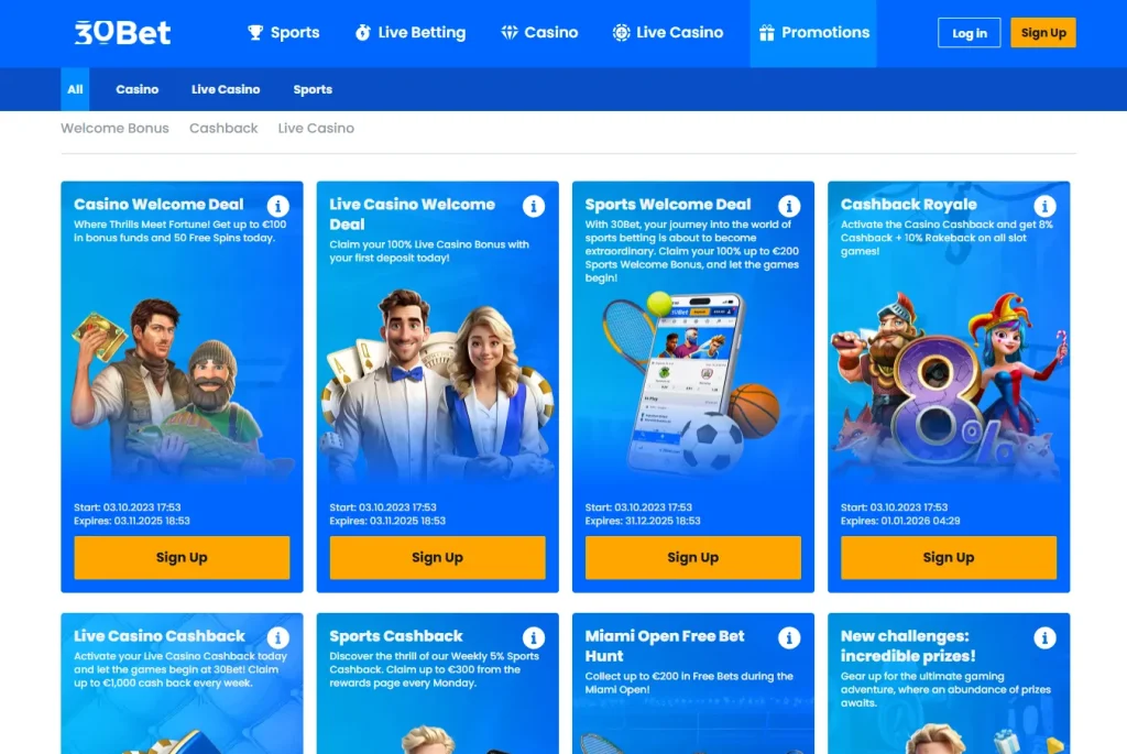 Bonussen en Promoties bij 30Bet Casino
